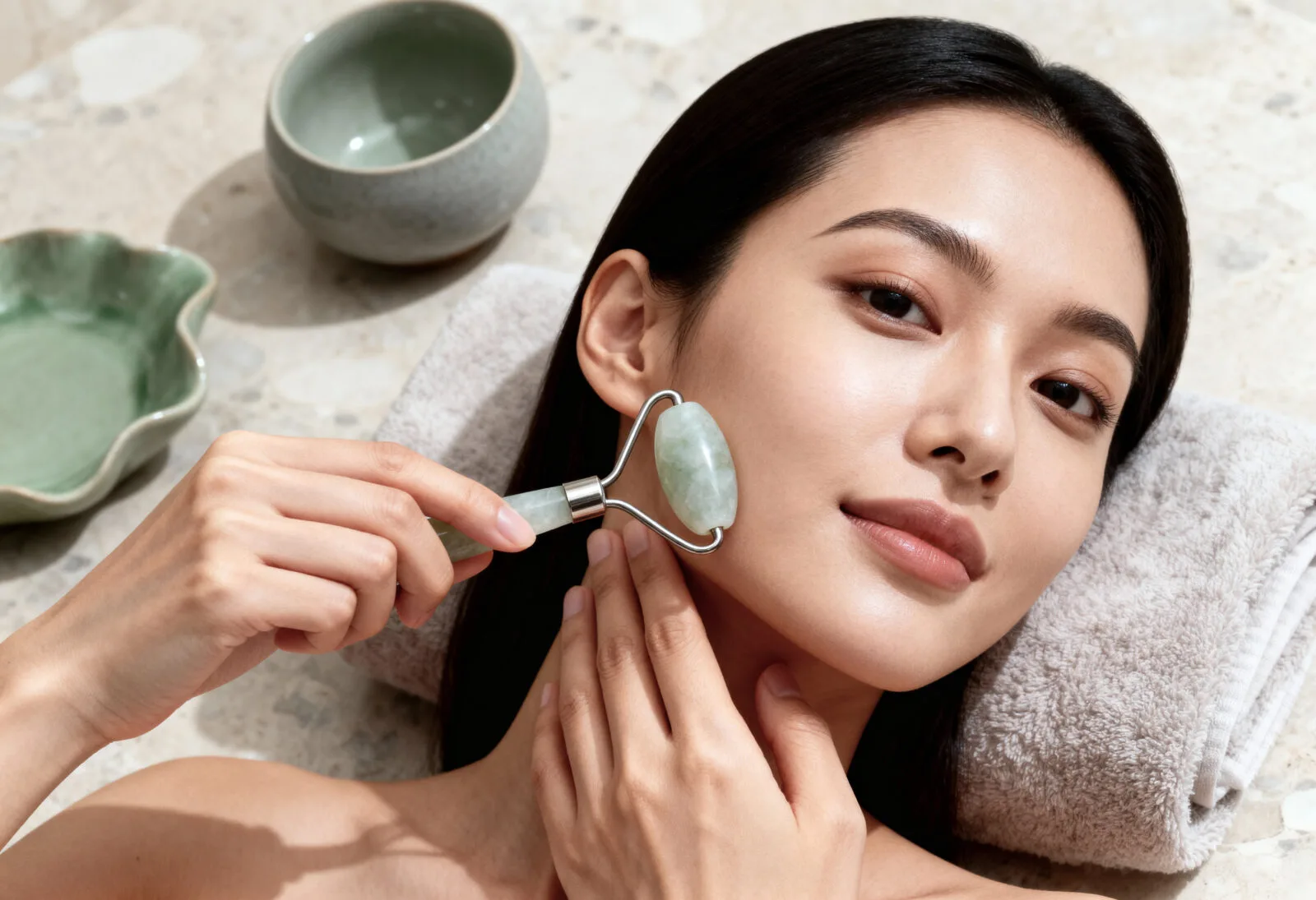 young woman enjoying relaxing facial massage